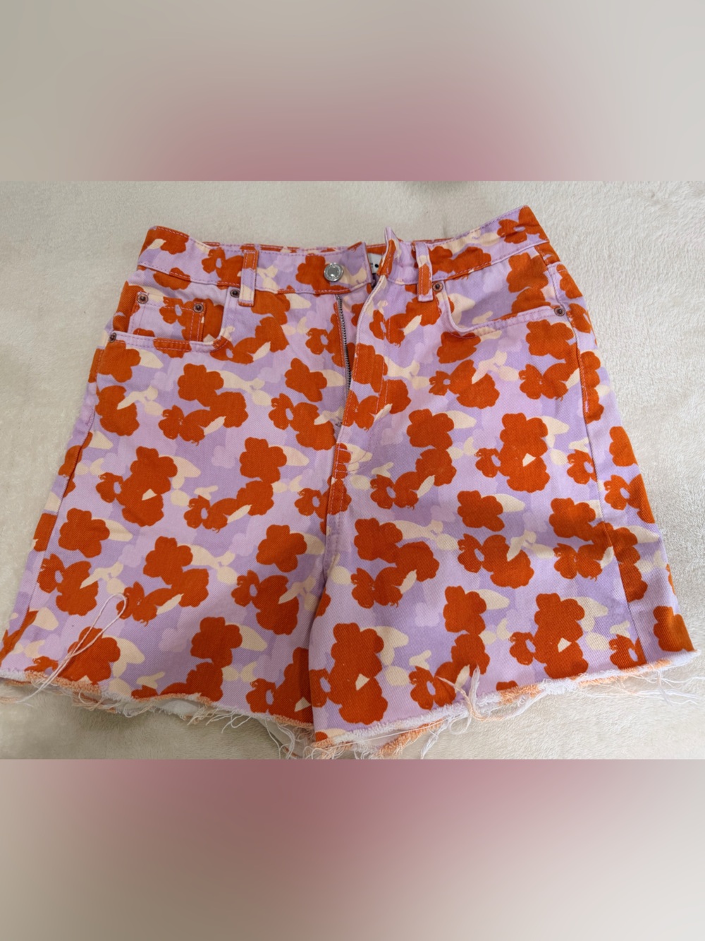 Zara Lavender Denim Shorts with Orange Floral Print